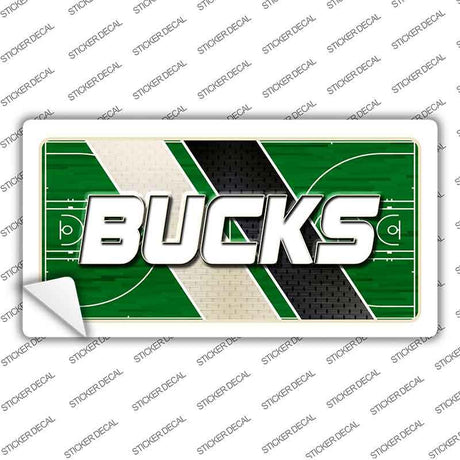 Sticker with 'Bucks' text on a sports court design, brand 'Sticker Decal' visible.