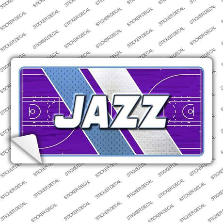 Sticker with 'Jazz' text on a basketball court design background, brand 'Sticker Decal' visible.