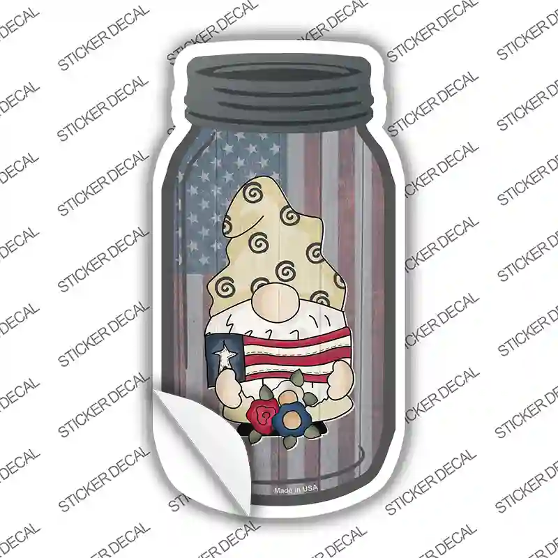 Gnome With American Flag and Flowers Novelty Mason Jar Sticker Decal