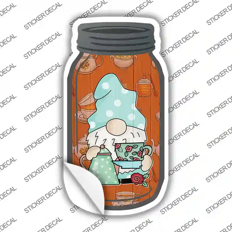 Gnome With Cup of Tea Novelty Mason Jar Sticker Decal