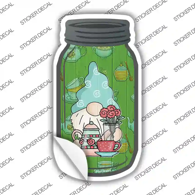 Gnome With Teapot and Flowers Novelty Mason Jar Sticker Decal
