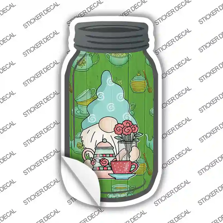 Gnome With Teapot and Flowers Novelty Mason Jar Sticker Decal