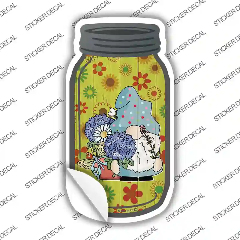 Gnome With Blue Flowers Novelty Mason Jar Sticker Decal