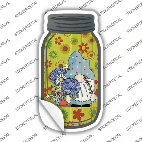 Gnome With Blue Flowers Novelty Mason Jar Sticker Decal