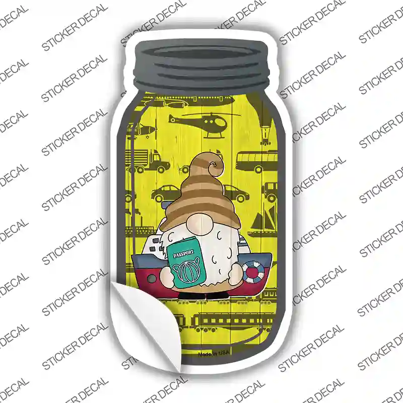 Gnome With Passport and Boat Novelty Mason Jar Sticker Decal