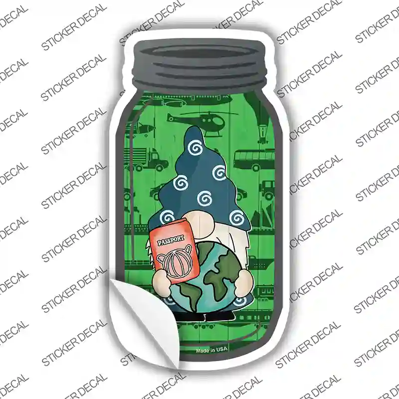 Gnome With Passport and Globe Novelty Mason Jar Sticker Decal