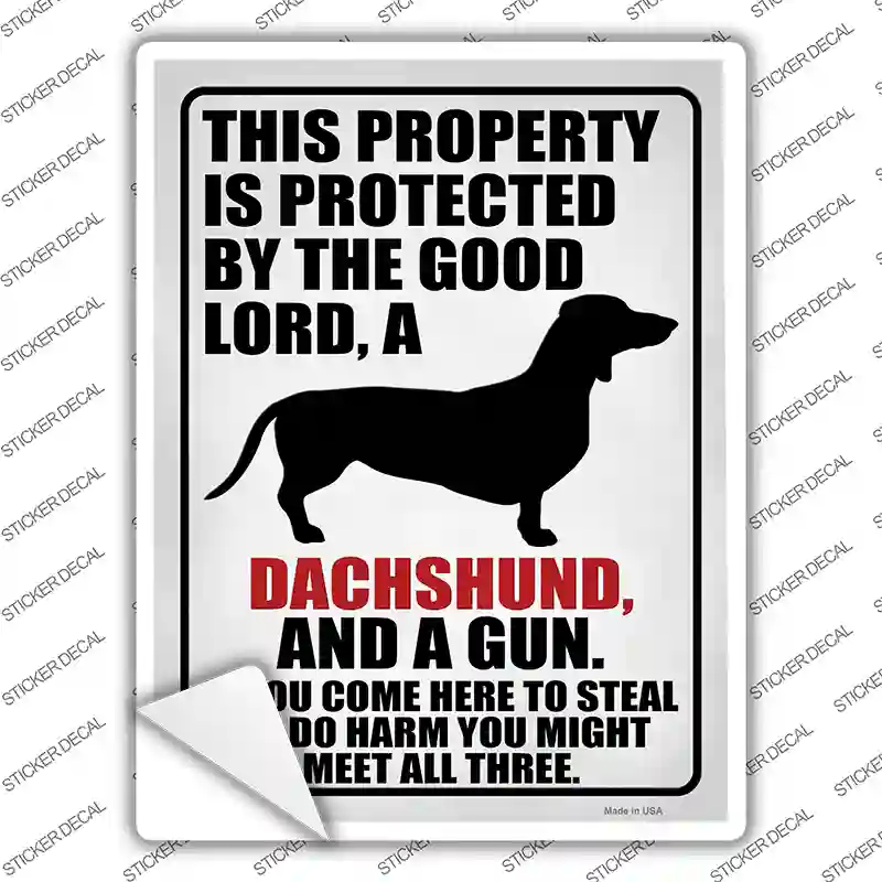 Protected By Good Lord Dachshund Gun Novelty Rectangle Sticker Decal