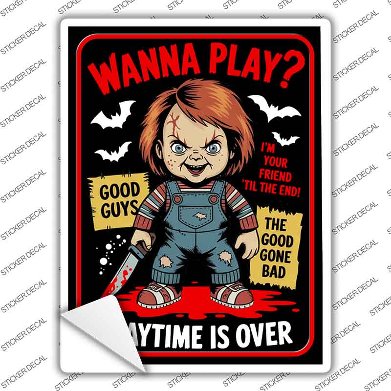 Wanna Play Chucky Novelty Rectangle Sticker Decal P-4634s