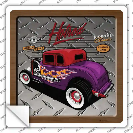 Purple Flames Hotrod Novelty Square Sticker Decal