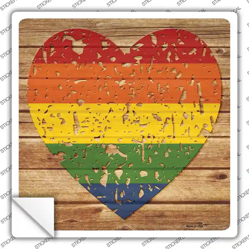 Distressed Heart Rainbow Novelty Square Sticker Decal