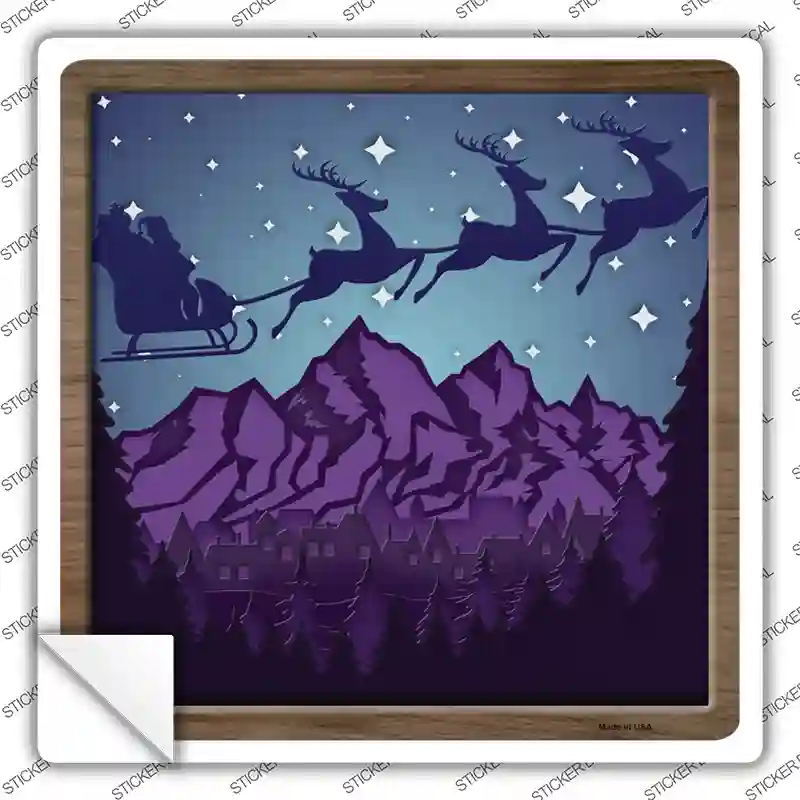 Santa Over Mountains Shadow Box Novelty Square Sticker Decal