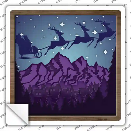 Santa Over Mountains Shadow Box Novelty Square Sticker Decal