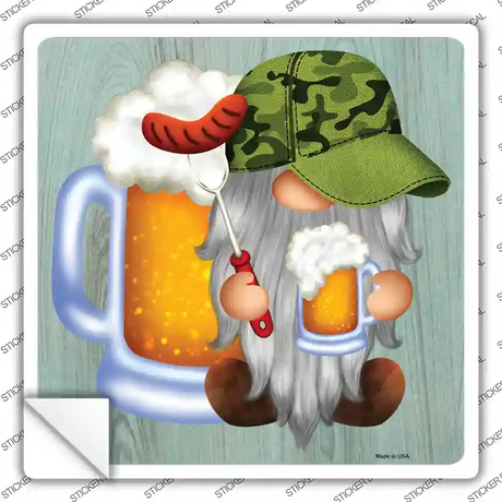 Beer Camo Grilling Gnome Novelty Square Sticker Decal