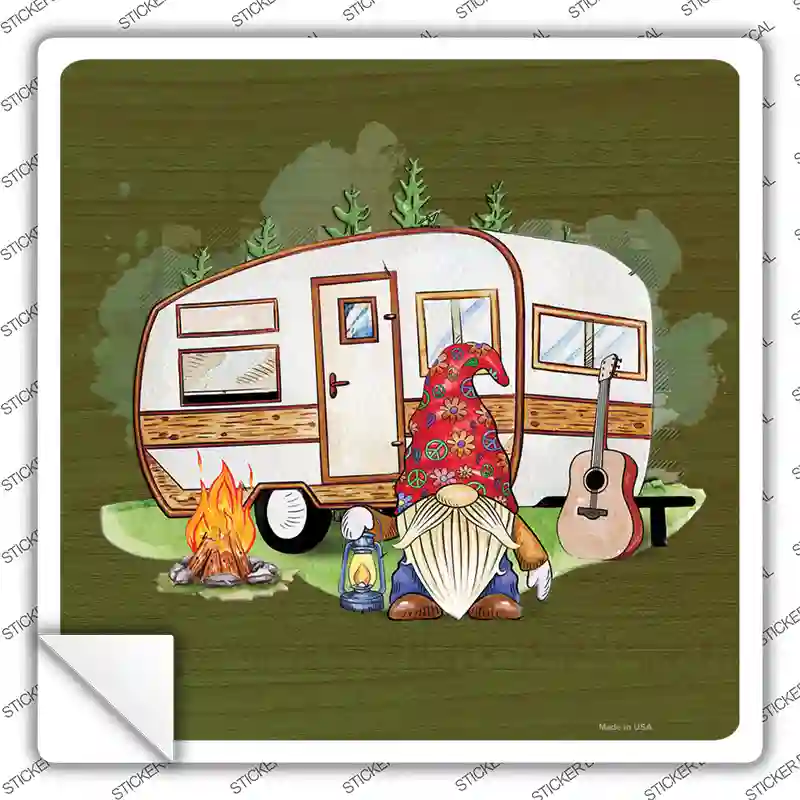 Camping Gnome Novelty Square Sticker Decal