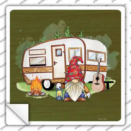 Camping Gnome Novelty Square Sticker Decal