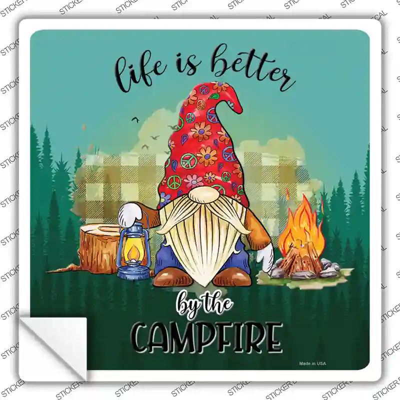 Better By The Campfire Gnome Novelty Square Sticker Decal