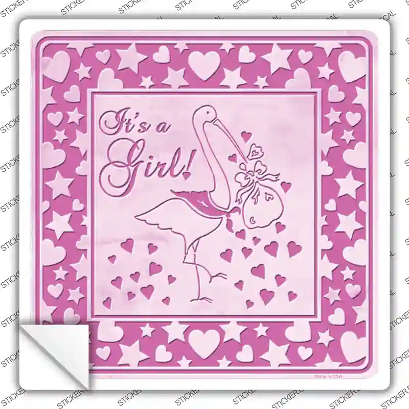 Its A Girl With Stork Novelty Square Sticker Decal