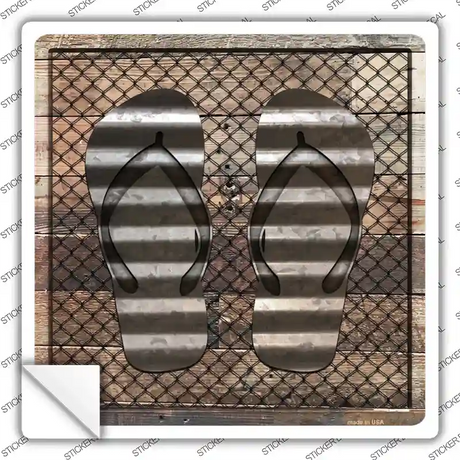 Corrugated Flip Flops on Wood Novelty Square Sticker Decal