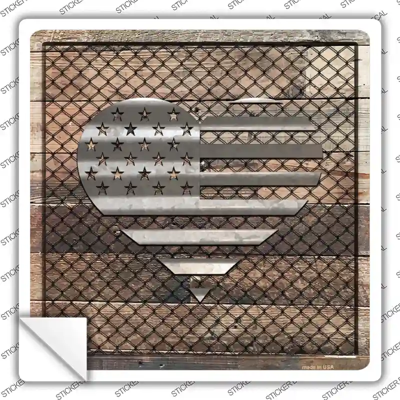 Corrugated American Flag Heart on Wood Novelty Square Sticker Decal