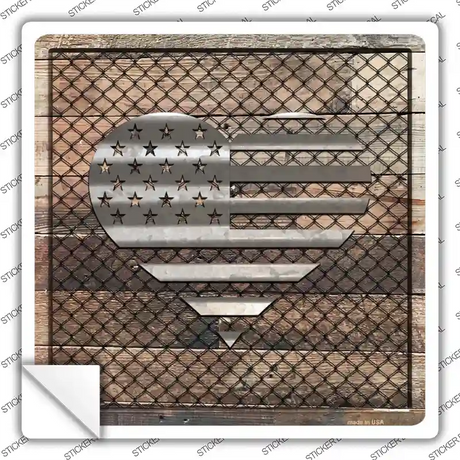 Corrugated American Flag Heart on Wood Novelty Square Sticker Decal