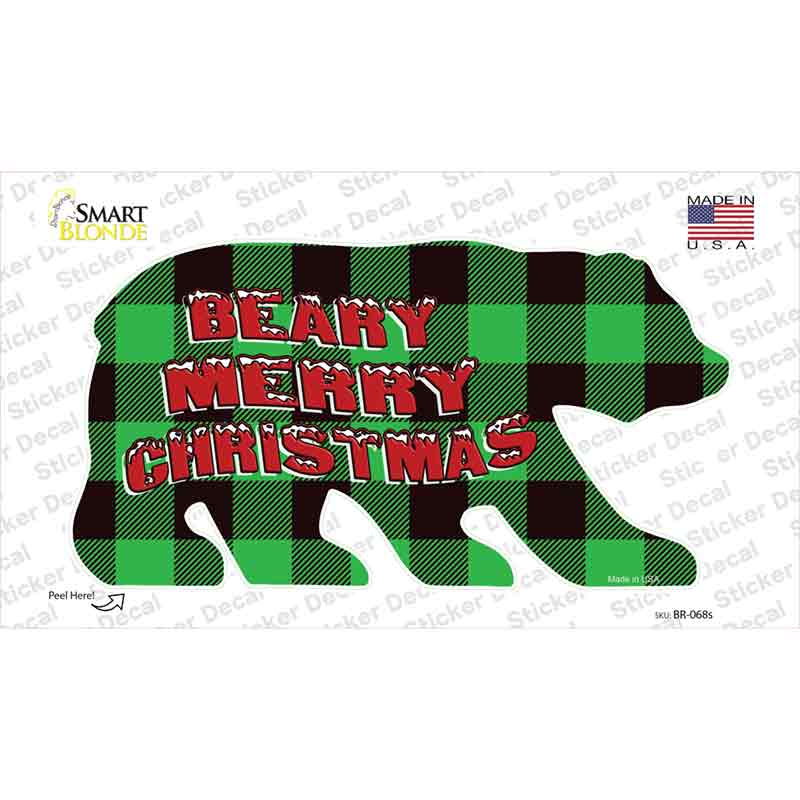 Beary Merry Christmas Green Novelty Bear Sticker Decal Small