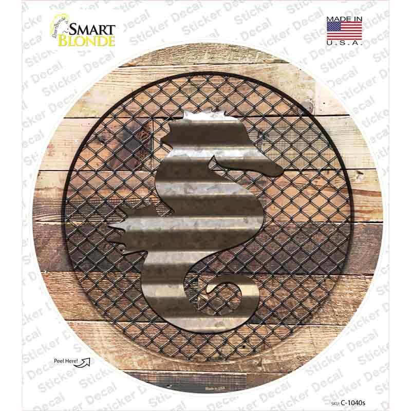 Seahorse on Wood Novelty Circle Sticker Decal