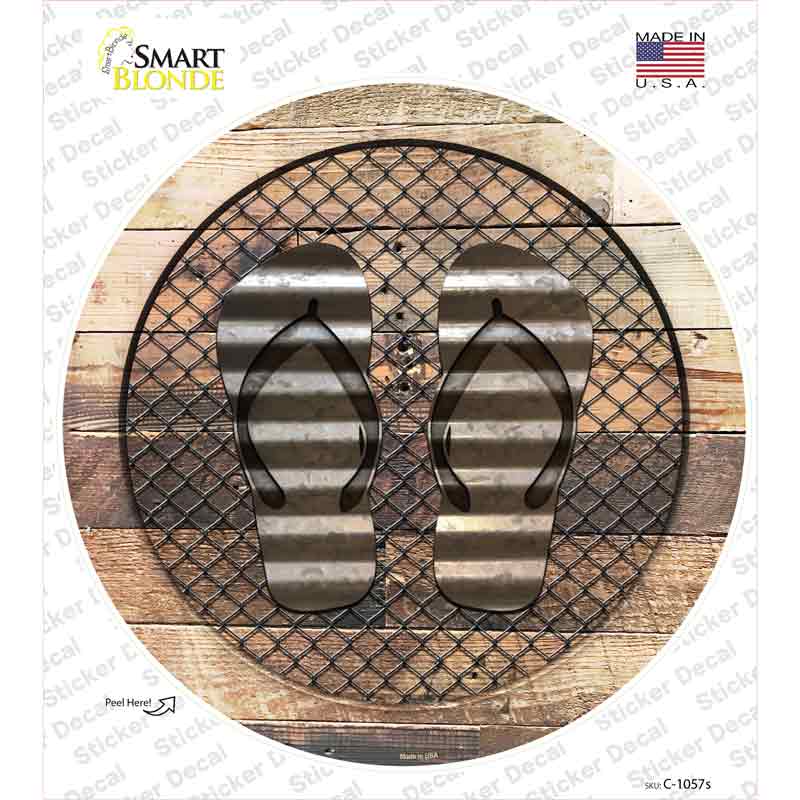 Flip Flops on Wood Novelty Circle Sticker Decal
