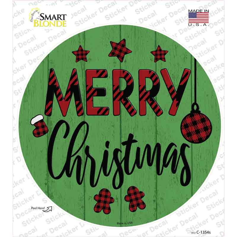 Merry Christmas Plaid Green Novelty Circle Sticker Decal