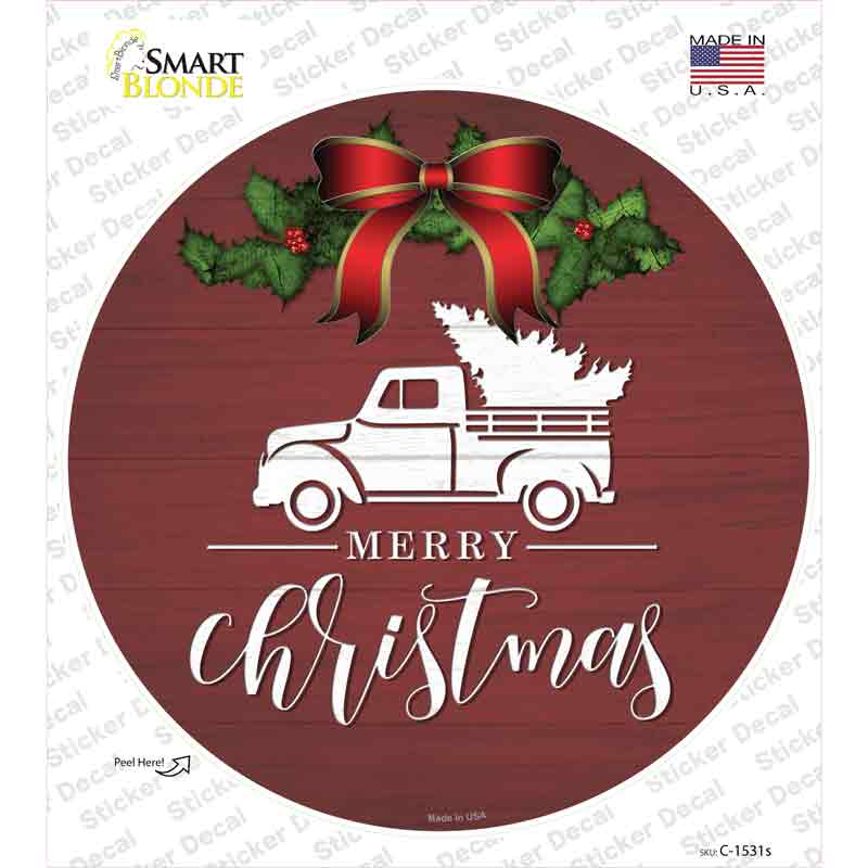 Merry Christmas Truck Red Novelty Circle Sticker Decal