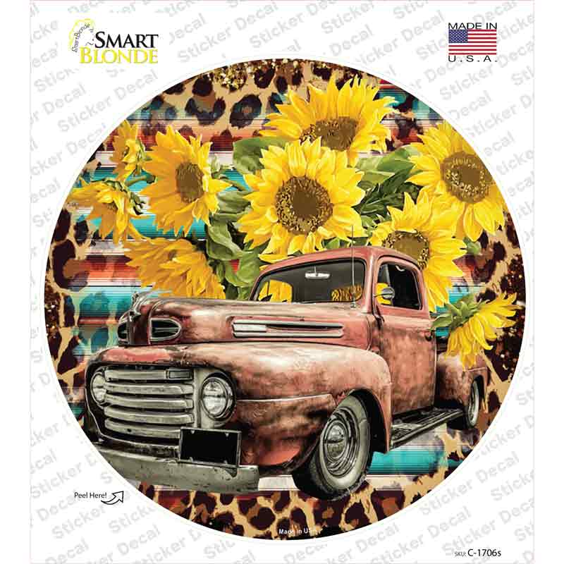 Rusty Truck With Sunflowers Novelty Circle Sticker Decal