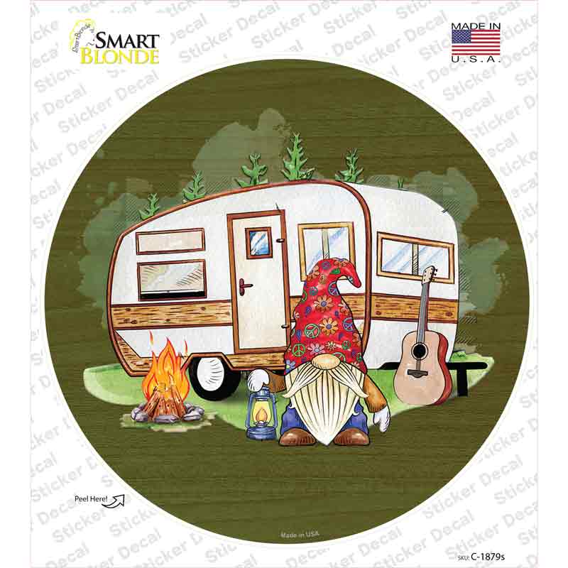 Camping Gnome Novelty Circle Sticker Decal