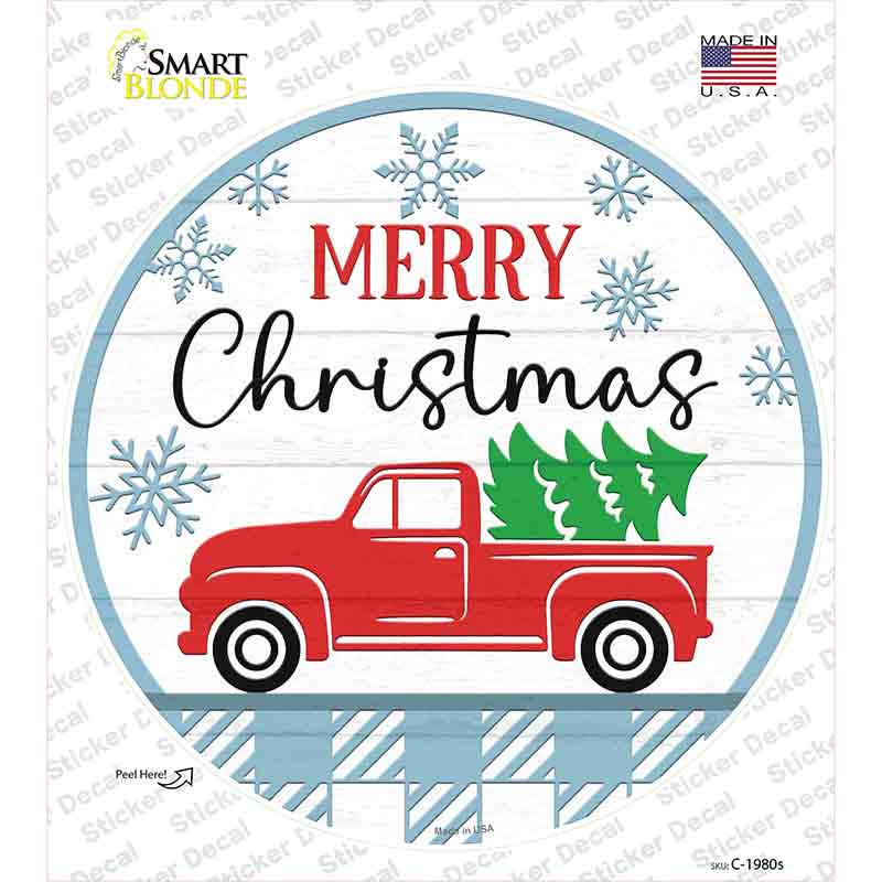 Merry Christmas Truck With Tree Novelty Circle Sticker Decal
