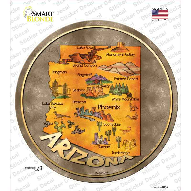 Arizona State Map Novelty Circle Sticker Decal