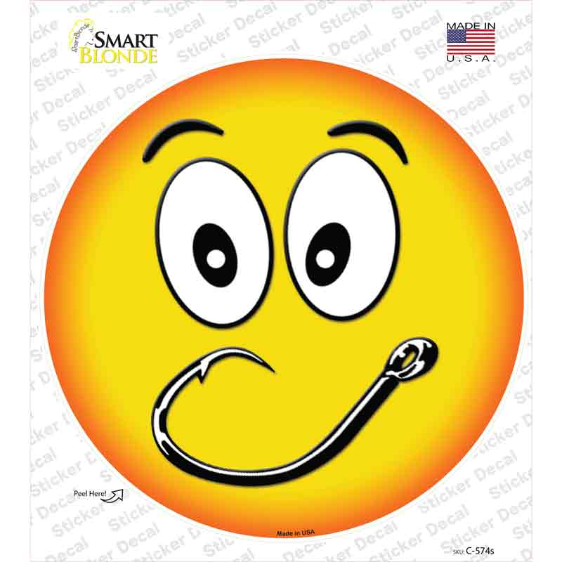 Smiling Face Fishing Hook Novelty Circle Sticker Decal