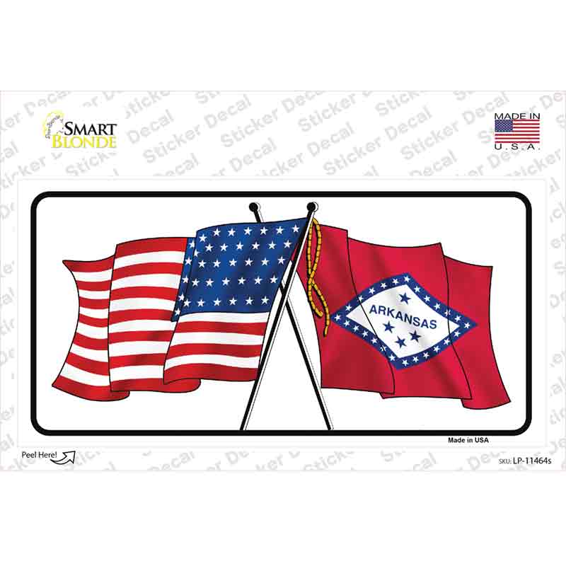 Arkansas Crossed US Flag Novelty Sticker Decal