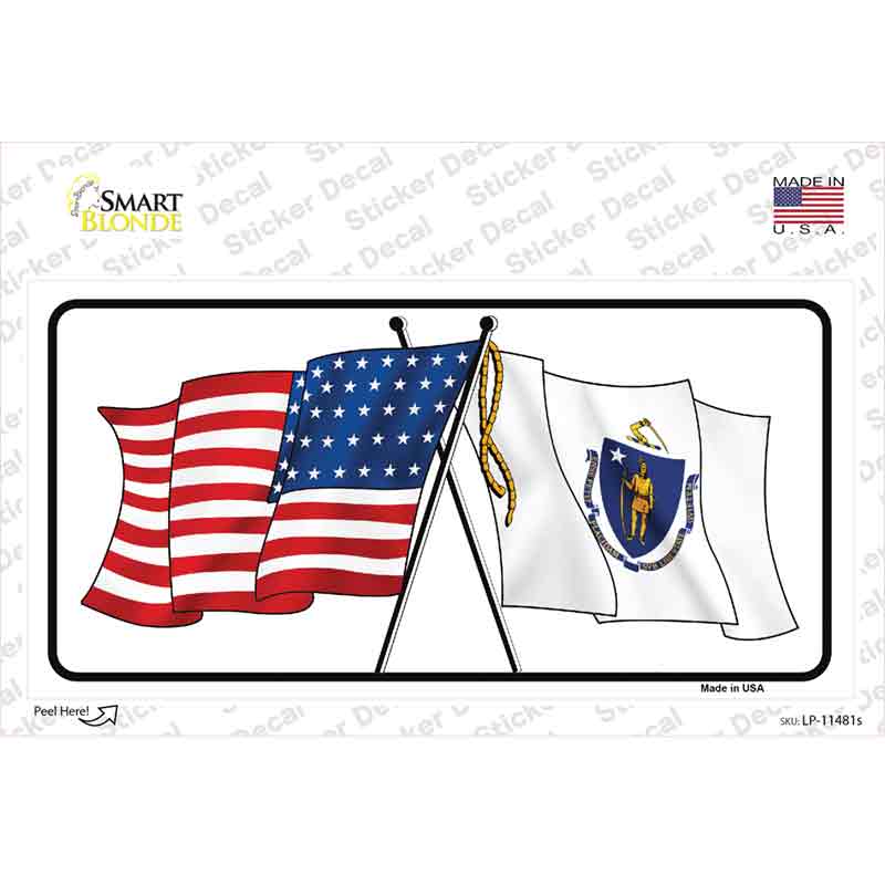 Massachusetts Crossed US Flag Novelty Sticker Decal