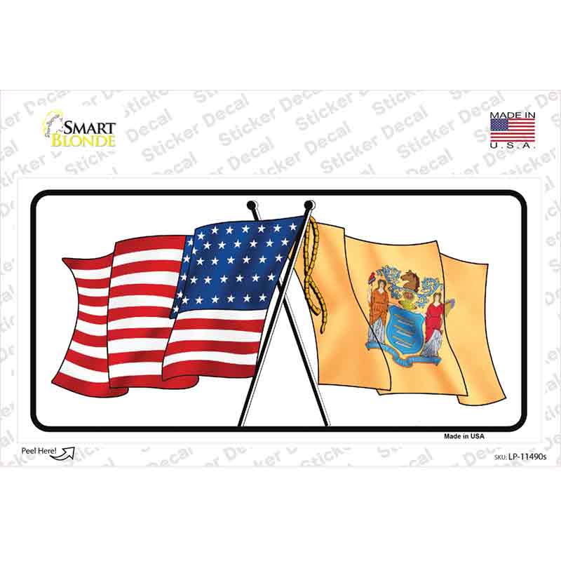 New Jersey Crossed US Flag Novelty Sticker Decal