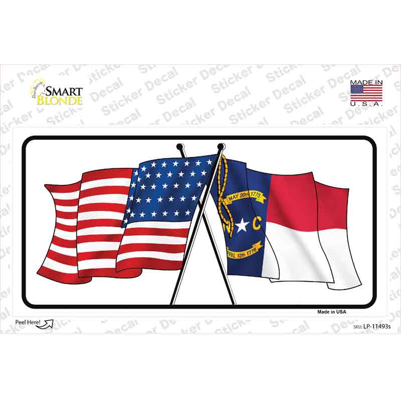 North Carolina Crossed US Flag Novelty Sticker Decal