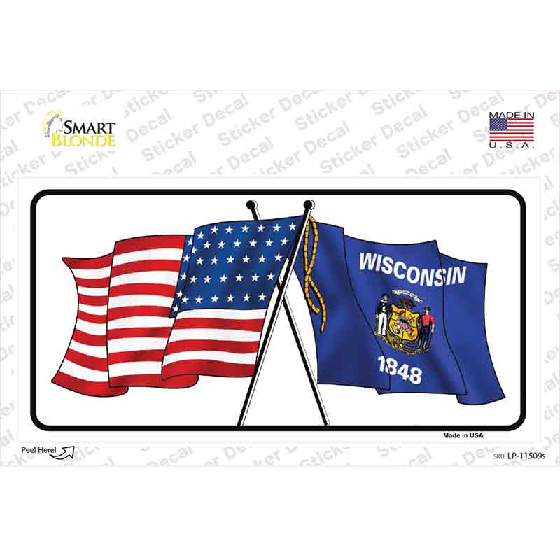 Wisconsin Crossed US Flag Novelty Sticker Decal