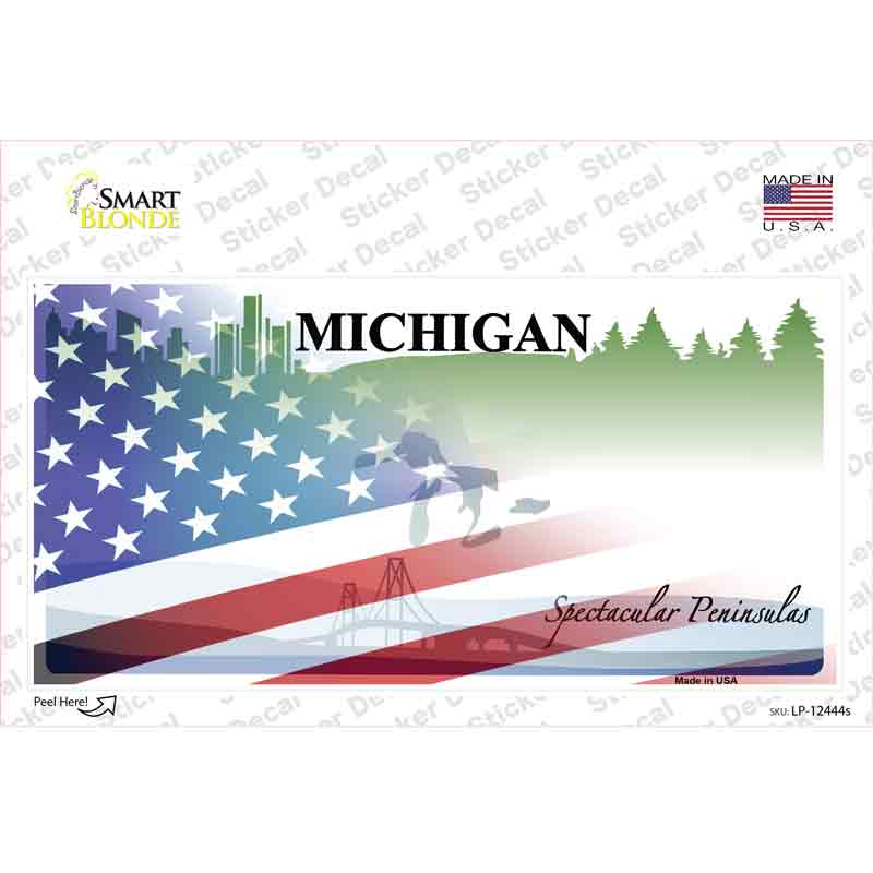 Michigan Peninsulas American Flag Novelty Sticker Decal