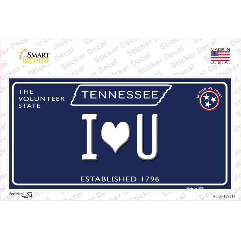 I Heart U Tennessee Blue Novelty Sticker Decal