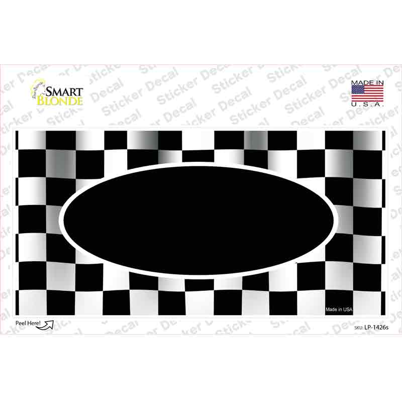 Waving Checkered Flag With Black Center Oval Novelty Sticker Decal
