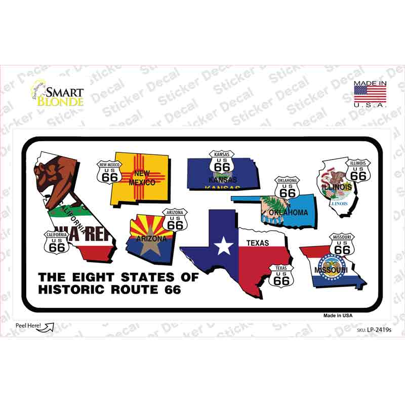 Route 66 Historic 8 Flags Novelty Sticker Decal