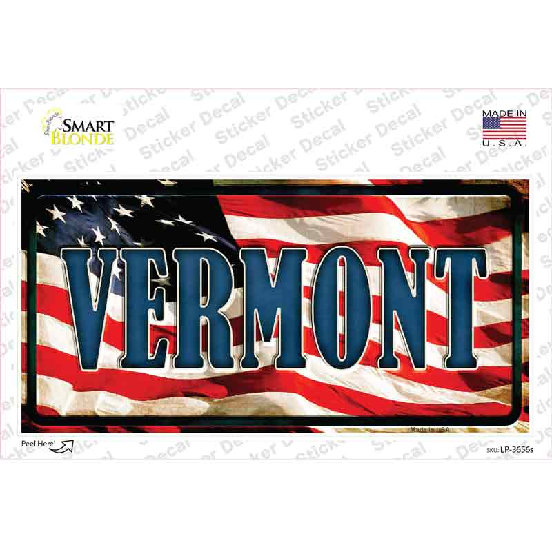 Vermont on American Flag Novelty Sticker Decal