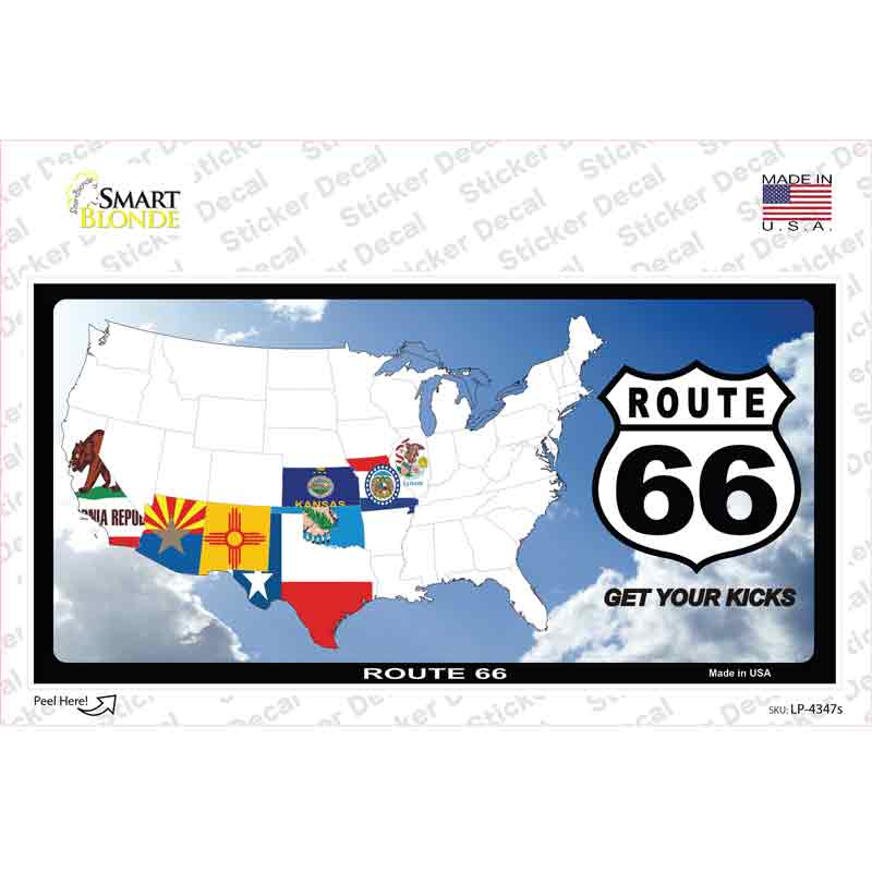 Route 66 8 Flags Clouds Novelty Sticker Decal
