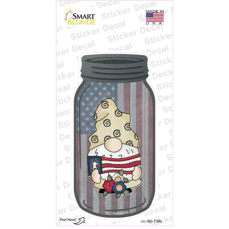 Gnome With American Flag and Flowers Novelty Mason Jar Sticker Decal