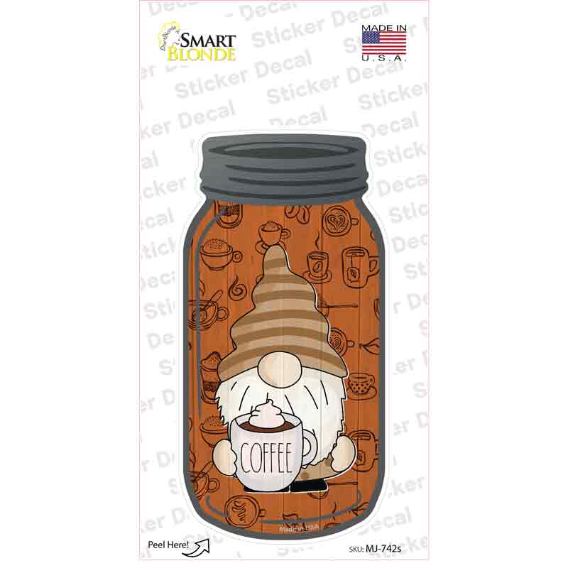Gnome With Coffee Mug Novelty Mason Jar Sticker Decal
