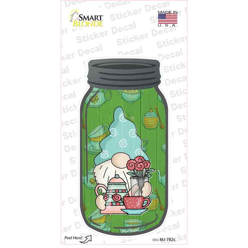 Gnome With Teapot and Flowers Novelty Mason Jar Sticker Decal
