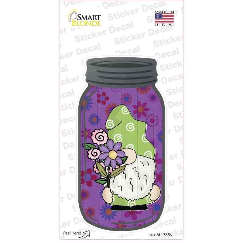 Gnome With Purple Flowers Novelty Mason Jar Sticker Decal