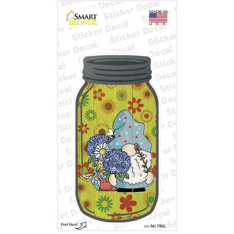 Gnome With Blue Flowers Novelty Mason Jar Sticker Decal